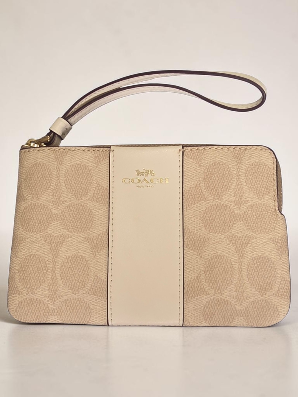 Coach Beige Signature Wristlet with Cream Center Stripe
